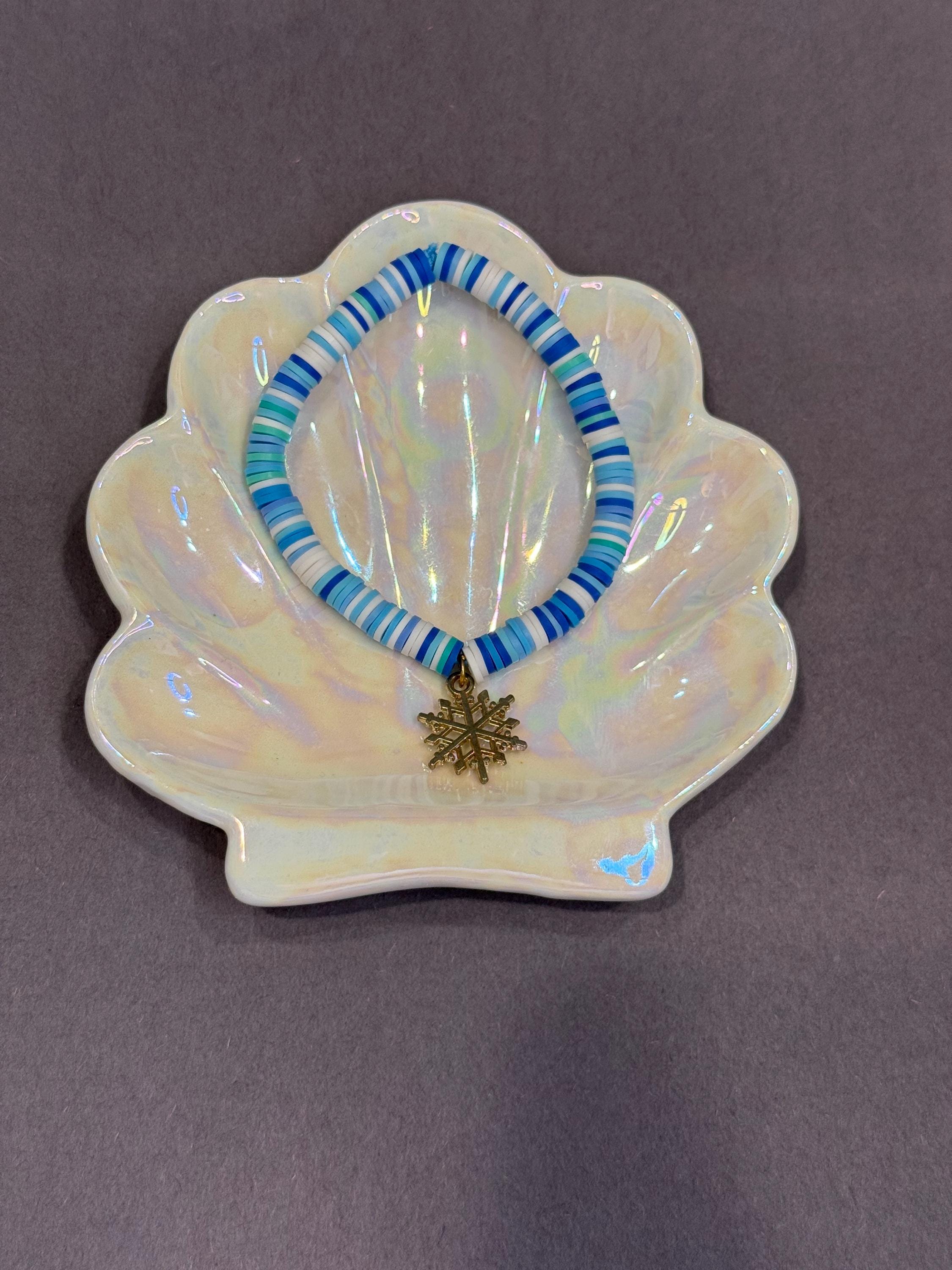 blue snowflake clay bead bracelet