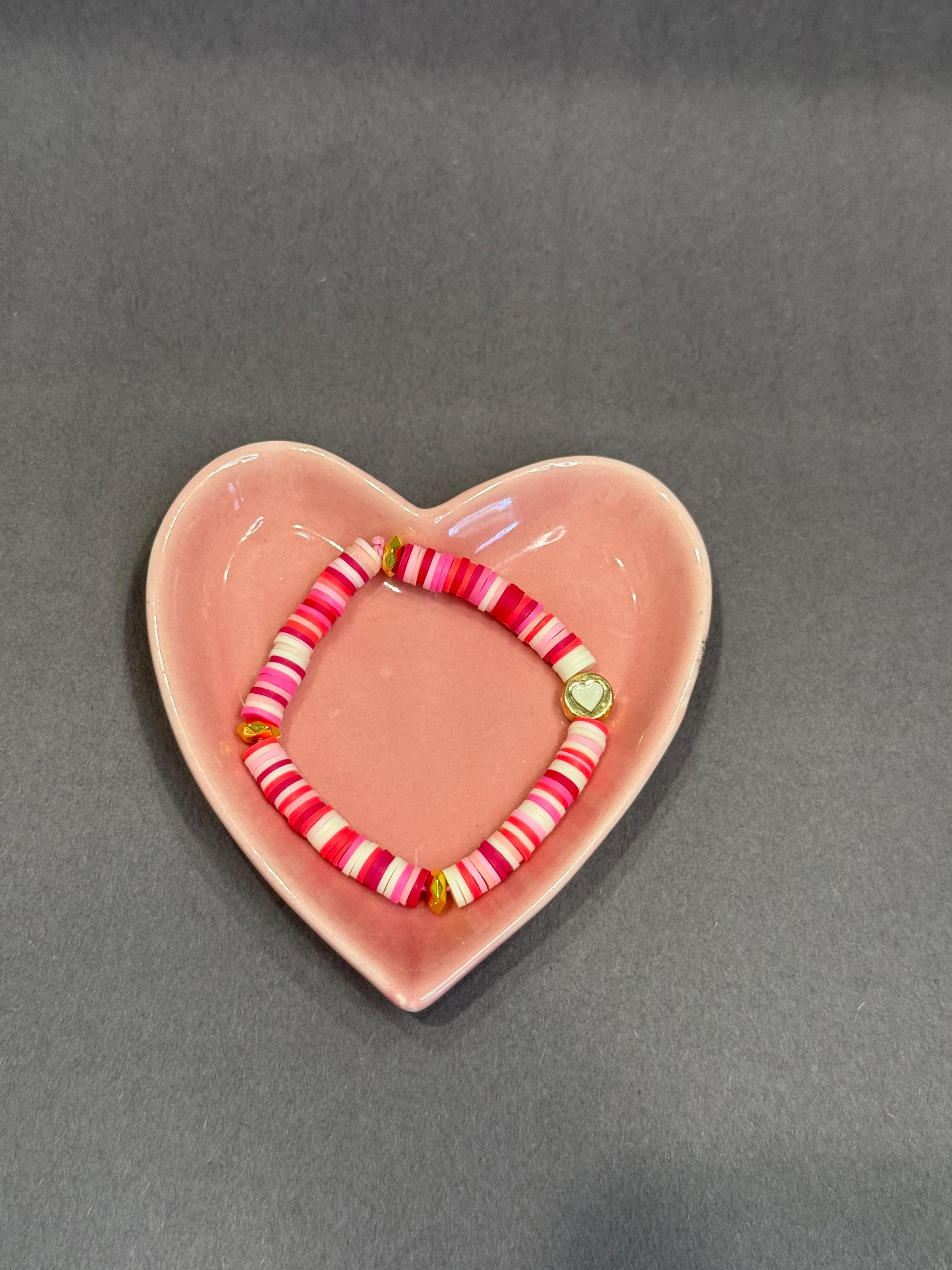 gold pink heart clay bead bracelet