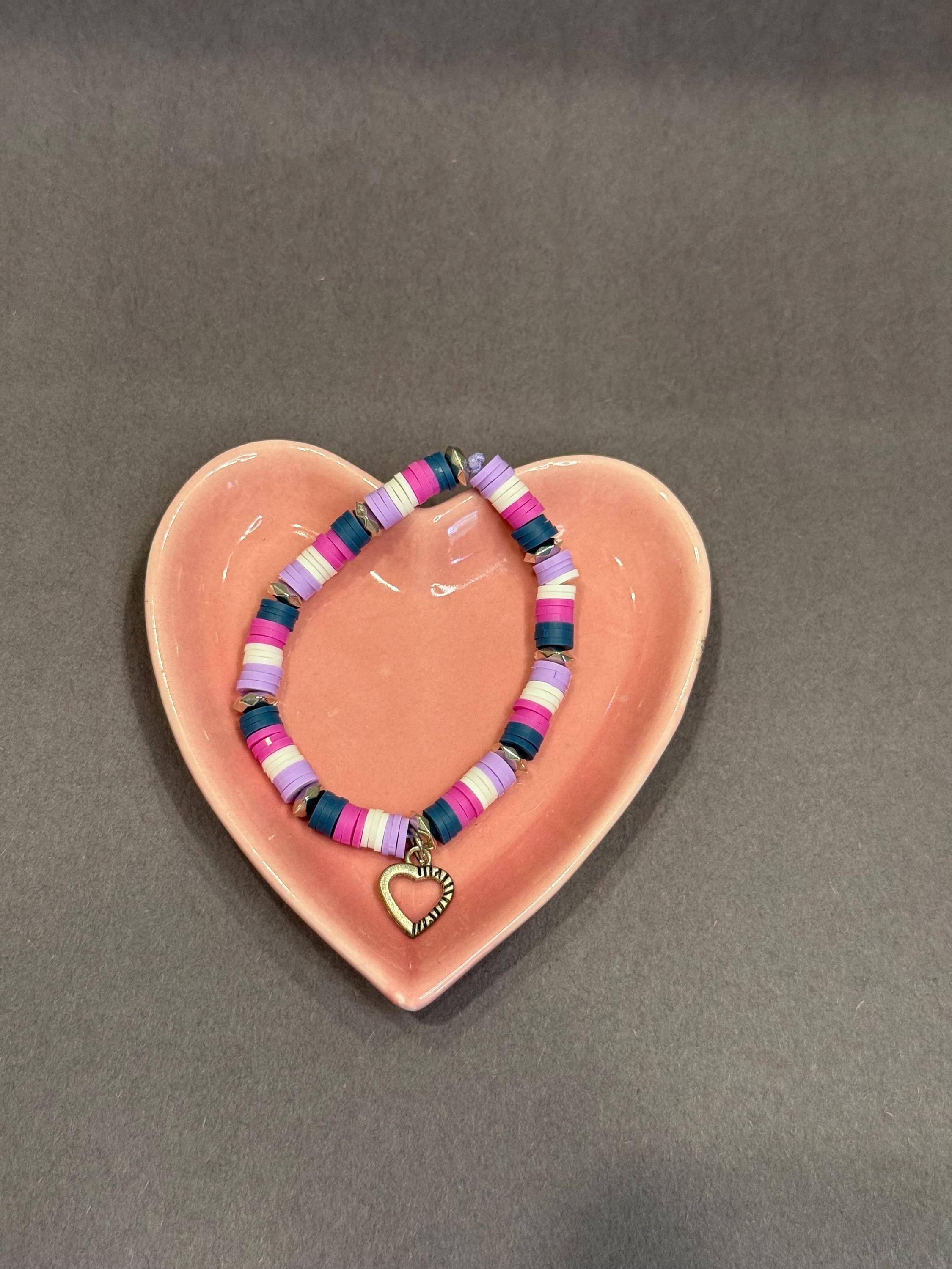 Purple heart clay bead bracelet