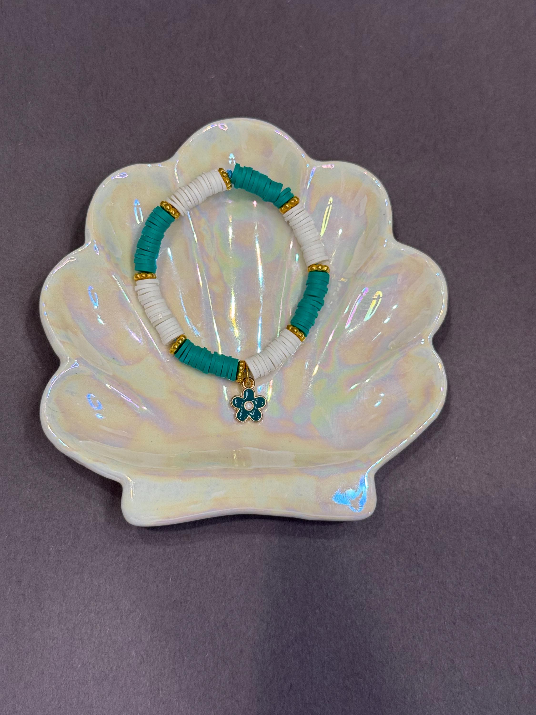 teal flower clay bead bracelet